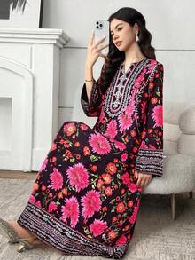 Bata de mujer y adolescente con cuello en V, manga larga, casual y holgada con estampado, adecuada para fiestas, ocio y uso diario - Multicolor - Ver 3