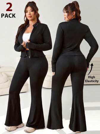 Solflare 2pcs/Set Plus Size Women Casual Black Long Sleeve Zip-Up Top And Flare Pants Outfit, Fall /Autumn/Winter/Summer,Christmas,New Year,Thanksgiving,Party,Wedding,Beach,Graduati,Chic,Elegant,Casual,Going Out,Date,Appointment,Commute,