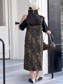 DAZY Girls Leopard Print Denim Jumper Dress - Brown - View 5