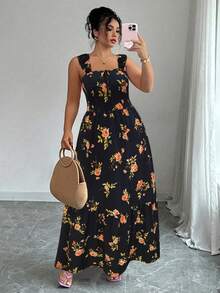 SHEIN Elenzya 大码女式玫瑰印花方领荷叶袖系腰露背蝴蝶结A字长裙，休闲通勤百搭优雅田园浪漫约会法式街头复古海滩度假夏季 - 彩色 - 查看 1