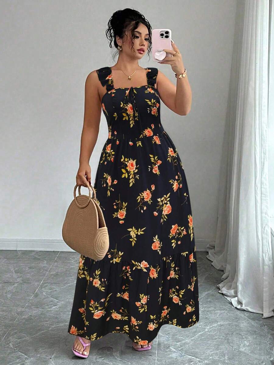 SHEIN Elenzya 大码女式玫瑰印花方领荷叶袖系腰露背蝴蝶结A字长裙,休闲通勤百搭优雅田园浪漫约会法式街头复古海滩度假夏季 - 彩色 - 查看 1