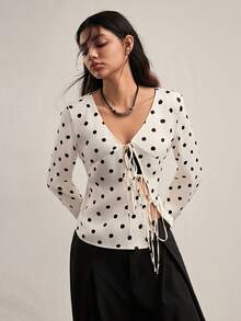 Easelle 女士波点印花V领系带休闲长袖开衫 - 杏色 - 查看 1