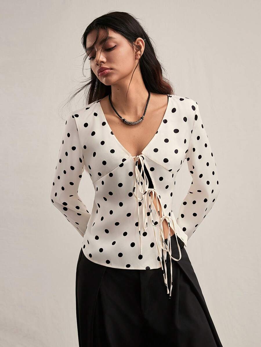 Easelle 女士波点印花V领系带休闲长袖开衫 - 杏色 - 查看 1