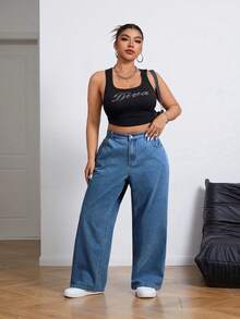 SHEIN ICON Quần jeans ống đứng dáng rộng, thoải mái, đa năng, cạp chun co giãn, cỡ lớn. - Rửa nhẹ - Xem 4