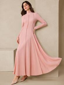 Graceveil 优雅高领喇叭腰修身连衣裙，适合约会、外出和晚间活动，秋冬季穿着。 - 粉色 - 查看 5