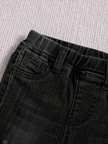 SHEIN 男婴 2 件套休闲破洞翻领长袖牛仔夹克和破洞高弹力紧身蓝色牛仔裤套装，适合秋季服装和户外服装 - 黑色 - 查看 5