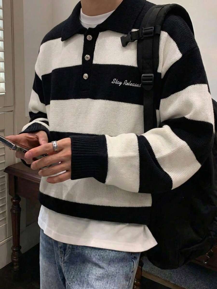 SWAVVY Suéter polo de manga larga con rayas blancas y elegante para hombres - Blanco y Negro - Ver 1