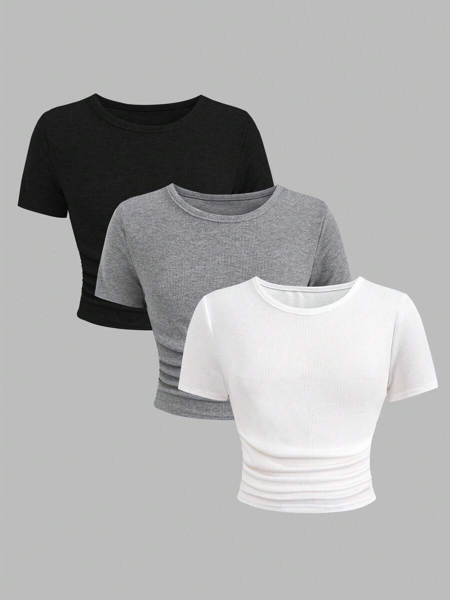 SHEIN 3件套少女休闲修身舒适圆领短袖T恤套装，黑/白/灰 - 彩色 - 查看 1