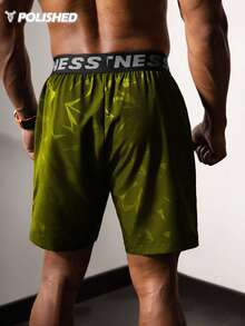 Manfinity Sport Corelite Men's Letter Ribbon Ox-Head Printed Casual Gym Workout Shorts, Lifting Shorts, Men's Gym Clothes - Army Green - View 7