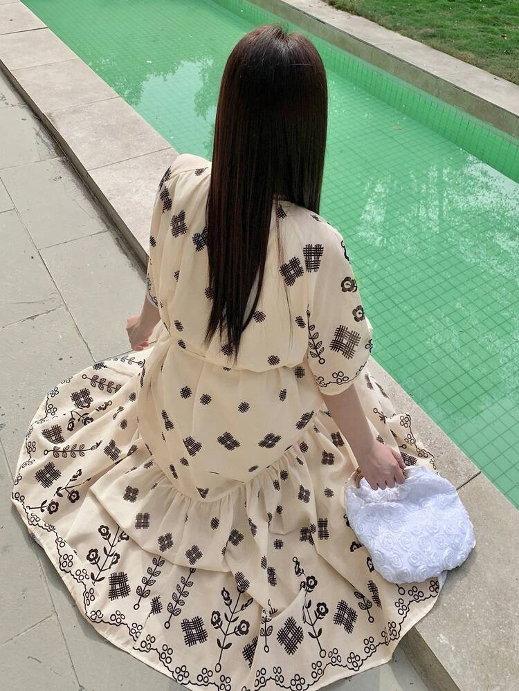 Dazy Plus Ditsy Floral Tie Collar Waist Cinched Elegant Vacation Style Ruffle Sleeve Dress Sundress