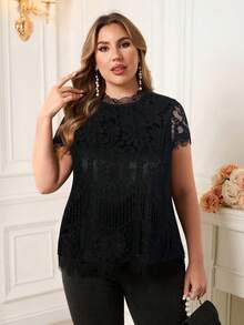 SHEIN Clasi Plus Size Elegant Lace Patchwork Chiffon Blouse, Summer Evening Formal Black Tops - Black - View 5