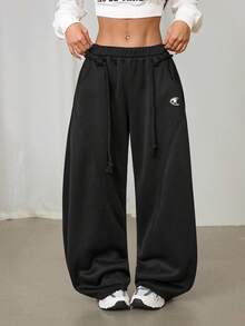 SHEIN PETITE 女士秋冬街头风返校学院风休闲保暖舒适法式黑色弹力腰带弧形裤脚长裤，黑色长裤 - 黑色 - 查看 7