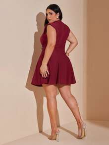 SHEIN BAE Elegant Plus Size Red Mock Neck Fit And Flare Dress Sleeveless Short Length Woven Fabric - Red - View 8