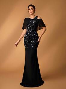 Serin Elegant Luxurious Chiffon Sleeve Splice Elastic Knit Ruched Fishtail Skirt, Suitable For Wedding, Party, Holiday, Prom, Mother Of The Bride, Evening Gown - Black - View 4