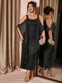 Cravure 大码女士金属雪纺垂褶领口荷叶边下摆设计连衣裙，优雅奢华派对礼服 - 黑色 - 查看 5