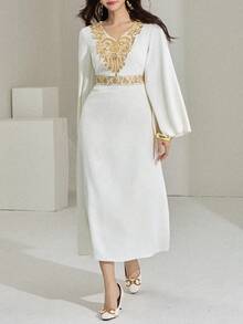 DAZY Đầm dài tay thanh lịch cổ chữ V thêu họa tiết dành cho nữ. - trắng - Xem 4