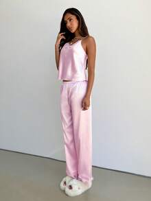 Aloruh Women's Elegant Solid Color Lace Patchwork Long Sleepwear Set - Pink - View 5