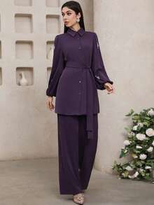 Veilorie Conjunto de top de manga larga con detalle de perlas falsas y pantalones con cinturón, estilo árabe - Morado - Ver 4