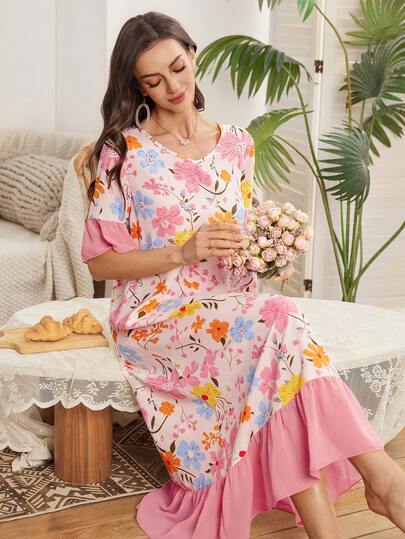 SHEIN V-ringad chiffonglapp med volang och blommönster för kvinnor