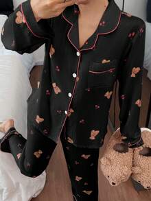 SHEIN 可爱小熊樱桃印花长袖睡衣套装（女士款） - 黑色 - 查看 3