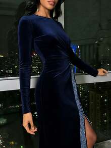 Balvessa 海军蓝丝绒腰部褶皱开衩亮片拼接优雅派对连衣裙，女士款 - 藏蓝色 - 查看 4