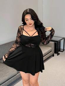 Vibekara 加大码女式性感黑色派对蕾丝拼接 A 字长袖褶皱胸围优雅复古浪漫修身可爱简约连衣裙，适合日常穿着、返校、生日、派对、婚礼嘉宾、鸡尾酒会秋季女士