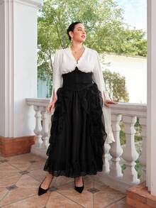 SHEIN MOD 大码复古黑色蕾丝网纱哥特风长裙，适合派对、舞会、情人节约会 - 黑色 - 查看 6