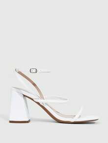 CUCCOO SZL 女士夏季新款方头粗跟高跟米色条纹踝带时尚经典舒适踝带性感高跟凉鞋 - 白色 - 查看 4