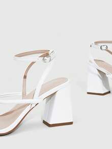 CUCCOO SZL 女士夏季新款方头粗跟高跟米色条纹踝带时尚经典舒适踝带性感高跟凉鞋 - 白色 - 查看 6