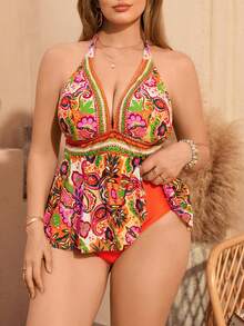 Swim Lushoire Bộ bikini hai mảnh cỡ lớn dành cho nữ, họa tiết hoa điều, thời trang, thoải mái, cổ chữ V sâu, kiểu yếm, cạp cao, tam giác, thích hợp cho kỳ nghỉ hoặc du lịch. - Nhiều màu - Xem 1