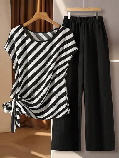 SHEIN LUNE Plus Size Women Striped Bat Sleeve Knot Side Top And Pants 2 Pieces Set Dark Green,Mother Of The Bride Set,Party Event Suitable For Elegant Woman Clothing, Summer Outfits For Women, Wedding Guest Set Women, Old Money Style, 2 Pieces Sets Ladies,Office Outfits For Women,Business Casual Woman,Old Money Style Women,Festival Outfits,Concert Outfits For Women Teacher Outfits For Women,Classy Outfits For Women 2 Pieces Summer Set,Summer Outfits For Women,Wedding Guest Women,Office Outfits For Women,Work Clothes Women,Concert Outfit Women,Business Casual Women,Church Outfits Women,Vacation Two Pieces Set,Festival Outfits,Going Out Plus-Size Women'S Two Pieces Set For Glamorous Women Two Sets Modest Women Striped Bat Sleeve Knot Side Top And Pants 2 Pieces Set Dark Green,Mother Of The Bride Set,Party Event Suitable Pants And Top Set Striped Set Blouse And Pants Set Ladies Casual Sets Summer Pants Sets For Women