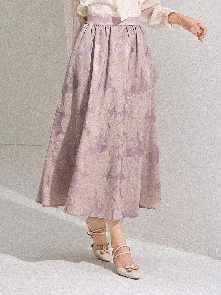 Women's Floral Jacquard Elastic Waist Pleated Elegant Skirt