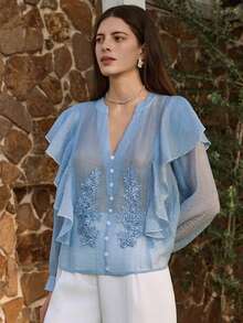 Dazy-Less Women's Embroidered Keyhole Neck Sheer Ruffle Trim Long Sleeve Blouse Vacation - Blue - View 3