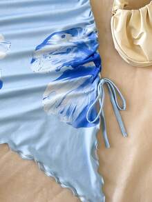 SHEIN 少女休闲简约舒适优雅波西米亚热带条纹扭结迷你连衣裙 - 藍色 - 查看 4