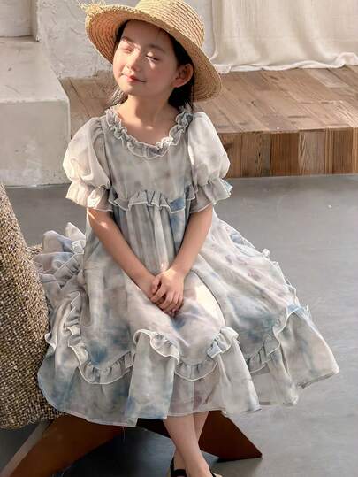 DAZY 少女优雅印花泡泡袖荷叶边连衣裙，夏季