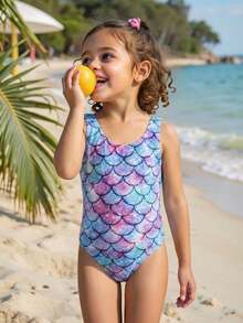 少女彩色鱼鳞数码印花连体泳衣，适合春、夏、秋季海滩度假 - 紫羅蘭色 - 查看 5