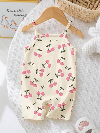 SHEIN Mono informal de niña bebé con estampado de cerezas, adecuado para primavera/verano, vacaciones relajantes, fines de semana en la playa, atuendos de verano lindos para niña bebé, artículos de verano para niña bebé, estilo coreano, modo playa activado, artículos para salidas de verano