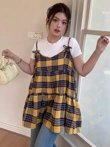 Dazy Plus Valentine Plaid Pattern Casual Christmas & New Year Loose A-Line Camisole And Tank Top, Versatile - Khaki - View 4