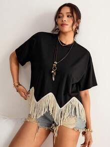 Freevana Áo thun tay ngắn dáng rộng, bất đối xứng, có tua rua, thích hợp cho mùa hè. - màu đen - Xem 7