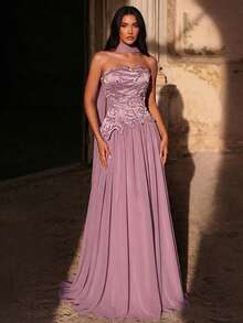 Glamrae Women's Gray-Pink Satin Strapless Dress,Beads&Rhinestones Asymmetrical Hemline,A-Line Chiffon Skirt,Adjustable Tie Waist,Formal Wedding Evening Gown - Dusty Pink - View 3