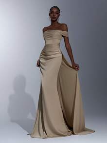 Elitara 优雅浪漫时尚的杏色缎面褶皱装饰美人鱼长拖尾礼服，适合婚礼宾客、节日、生日派对、婚礼仪式、伴娘、正式晚礼服 - 杏色 - 查看 5