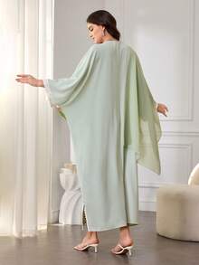 Al Najma Abito lungo casual da donna con scollo a V ricamato e orlo ondulato, stile arabo ampio - Verde - Visualizzare 2