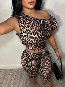 SHEIN SXY Casual Leopard Print Asymmetric Tie Front Crop Top And Skinny 7/8 Pants Set - Multicolor - View 2