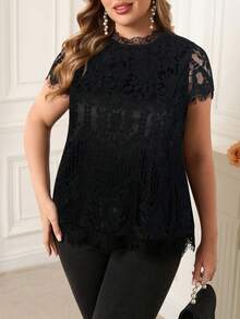 SHEIN Clasi Plus Size Elegant Lace Patchwork Chiffon Blouse, Summer Evening Formal Black Tops - Black - View 7