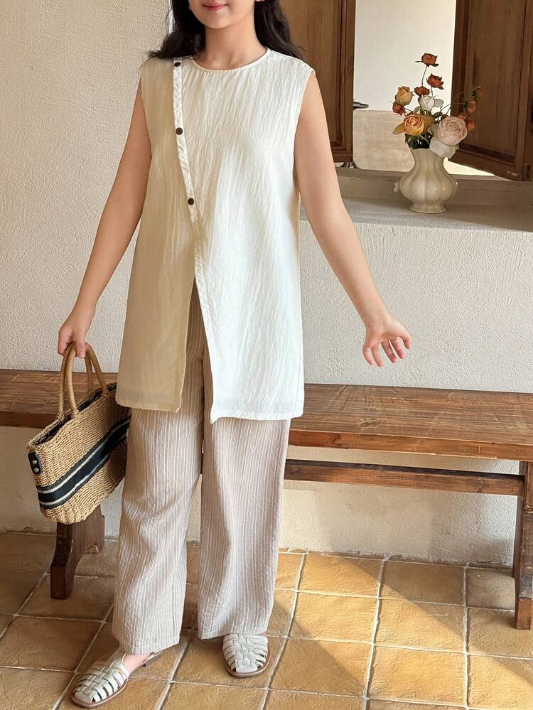 Tween Girl Solid Color Round Neck Button Design Split Hem Sleeveless Shirt And Wide Leg Pants Casual Suit Summer