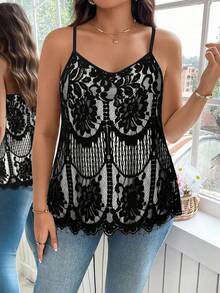 SHEIN CURVE+ 大码女式花卉蕾丝宽松优雅吊带背心，女士假日装扮，女士秋季服装，冬季，CURVE PLUS - 彩色 - 查看 6