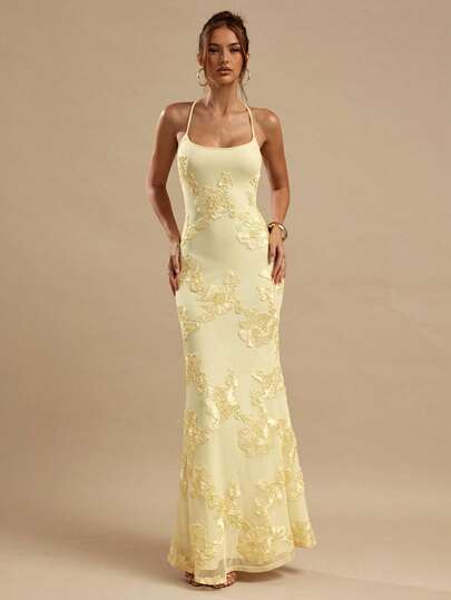 SHEIN BAE Solid Yellow Textured Jacquard Backless Tie Strap Slim Fit Maxi Elegant Dress, Suitable For Brunch, Wedding Guest Attire, Cocktail Party, Elegant Dress, Yellow Dress, Vacation Beach