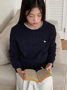 DAZY Teen GirlLoose Casual Basic Crew Neck Sweater With Embroidery Pattern, Autumn - Navy Blue - View 3