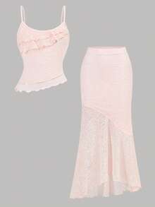 SHEIN Girlism Bộ đồ cho bé gái tuổi teen, phong cách tối giản, thoải mái gồm áo tank top vạt bất đối xứng và chân váy đuôi cá. - Hồng - Xem 10