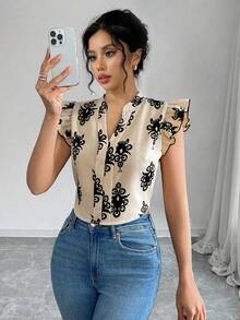 Elenzga Elegant Summer Shirt With Woven Print For Women - Apricot - View 1